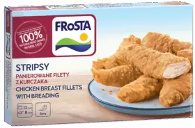 Pudełko FRoSTA Stripsy z kurczaka: panierowane filety, info po polsku i angielsku, czas przygotowania, 100% naturalny smak.