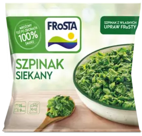 Opakowanie mrożonego szpinaku FRoSTA z polskim tekstem, zdjęciem miski i łyżki oraz oznaczeniem 100% gwarancji smaku.