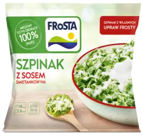 Opakowanie FRoSTA mrożony szpinak ze śmietaną; miska ze szpinakiem i łyżka. Zielono-czerwone napisy, info po polsku.