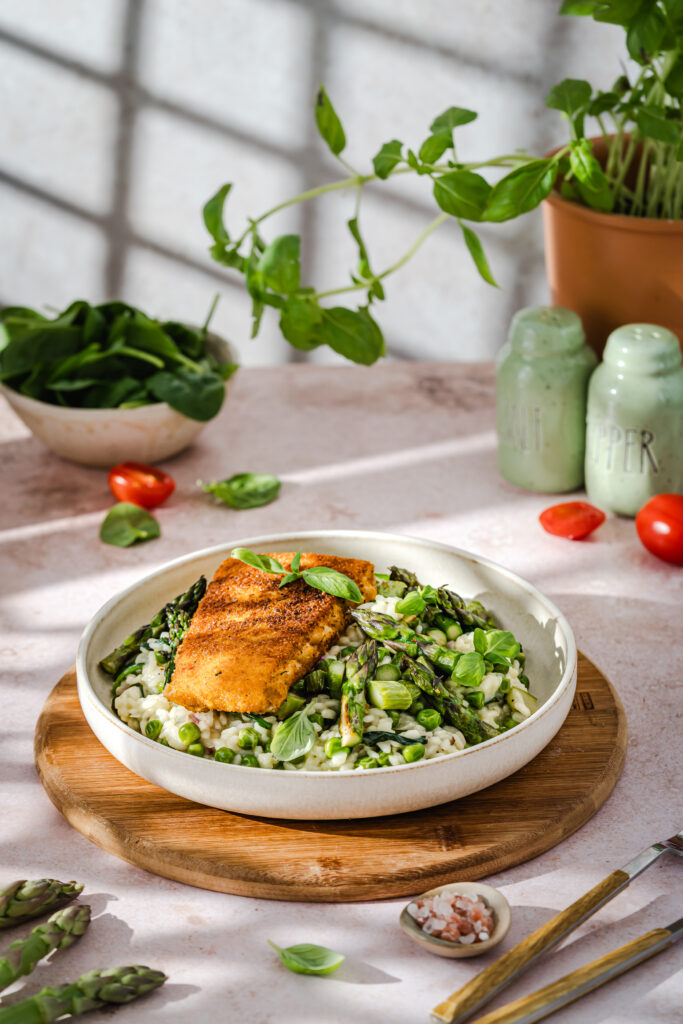 Mintaj na risotto ze szparagami