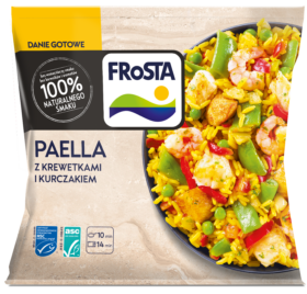 Paella z owocami morza: krewetki, mintaj, kurczak i ryż