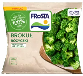Opakowanie mrożonych brokułów różyczki FRoSTA z miseczką brokułów, logo FRoSTA i polskim opisem oraz instrukcją przygotowania.