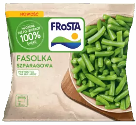 Opakowanie mrożonej fasolki szparagowej FRoSTA, miska z zieloną fasolką, zielono-biała etykieta, napis "100% smaku".