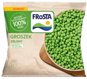 Opakowanie mrożonego groszku zielonego FRoSTA na desce, zielono-białe etykiety, instrukcje przygotowania po polsku.