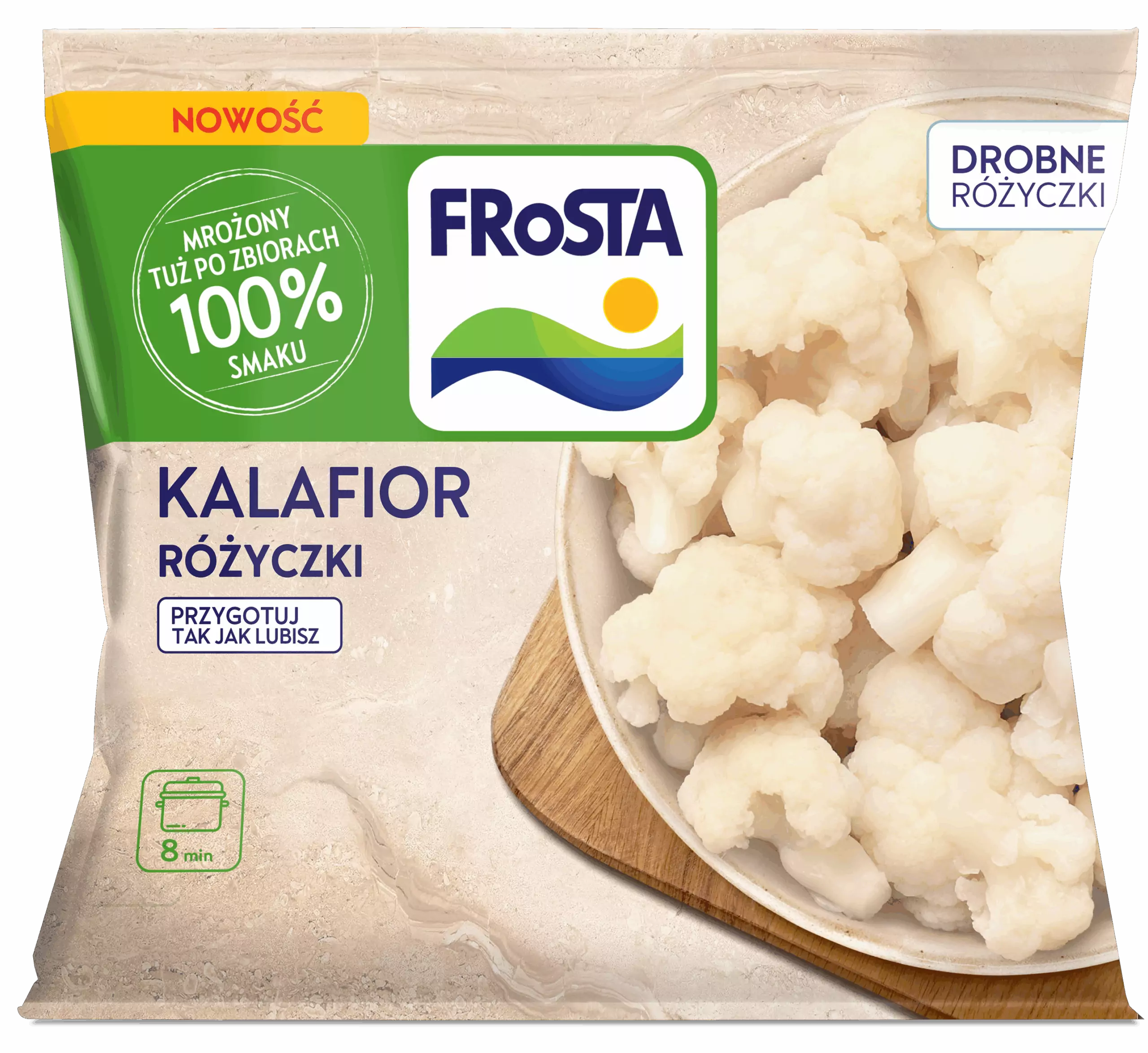 Opakowanie FRoSTA różyczki kalafiora, białe z zielonymi akcentami, prezentuje świeże warzywa i szybkie gotowanie.