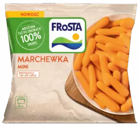Opakowanie mrożonych produktów FRoSTA: marchewka mini, jasnopomarańczowe w misce, 100% smaku, opis po polsku.