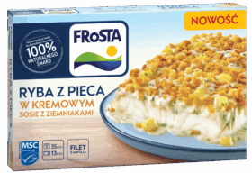 Opakowanie FRoSTA Ryba z pieca w kremowym sosie z ziemniakami, zdjęcie gotowego dania, podkreślone naturalne składniki.