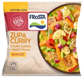 Opakowanie mrożonej zupy curry z kurczakiem i warzywami marki FRoSTA. Na opakowaniu miska zupy, składniki widoczne.