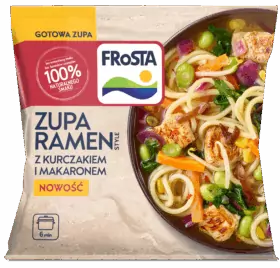 Opakowanie mrożonej zupy FRoSTA Ramen Style z kurczakiem i makaronem. Podkreślone naturalne składniki, nowość.