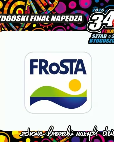Logo FRoSTA z niebieskim napisem, słońcem i falą. Promuje mrożonki FRoSTA podczas 34. finału WOŚP w Bydgoszczy.